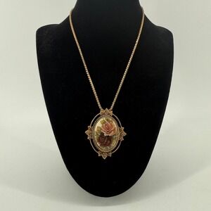 Vintage Sarah Coventry Floral Cameo Necklace Gold Tone Rose Oval Pendant